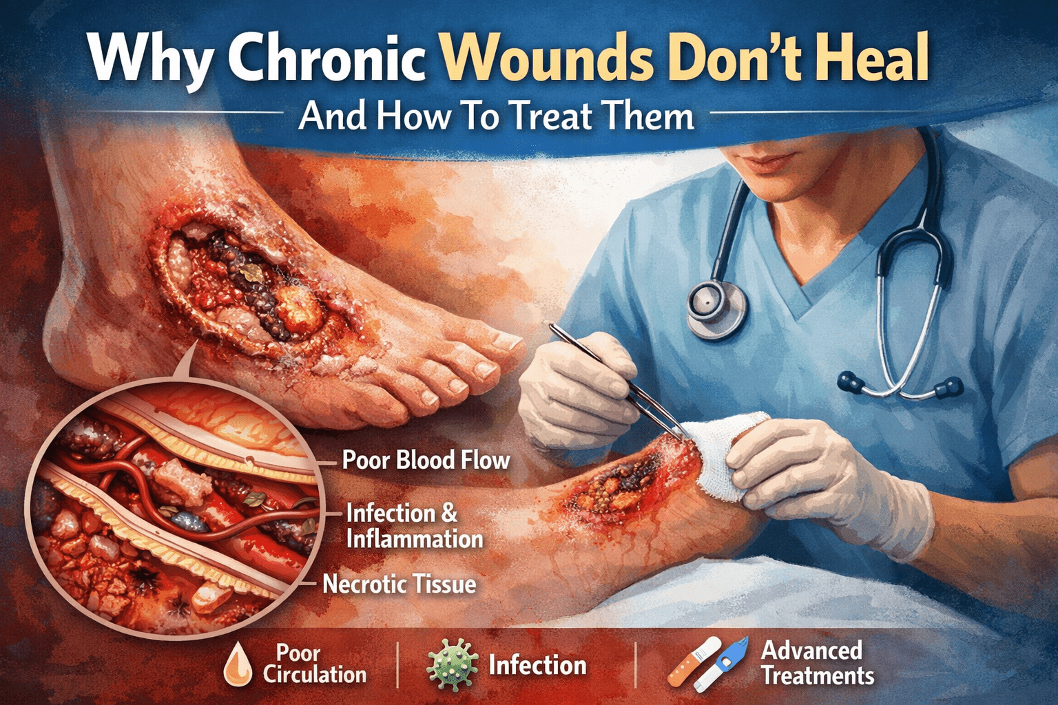 Wound Care In Ohio 16 Medical illustration of a chronic leg wound showing infection, poor circulation, and professional treatment.