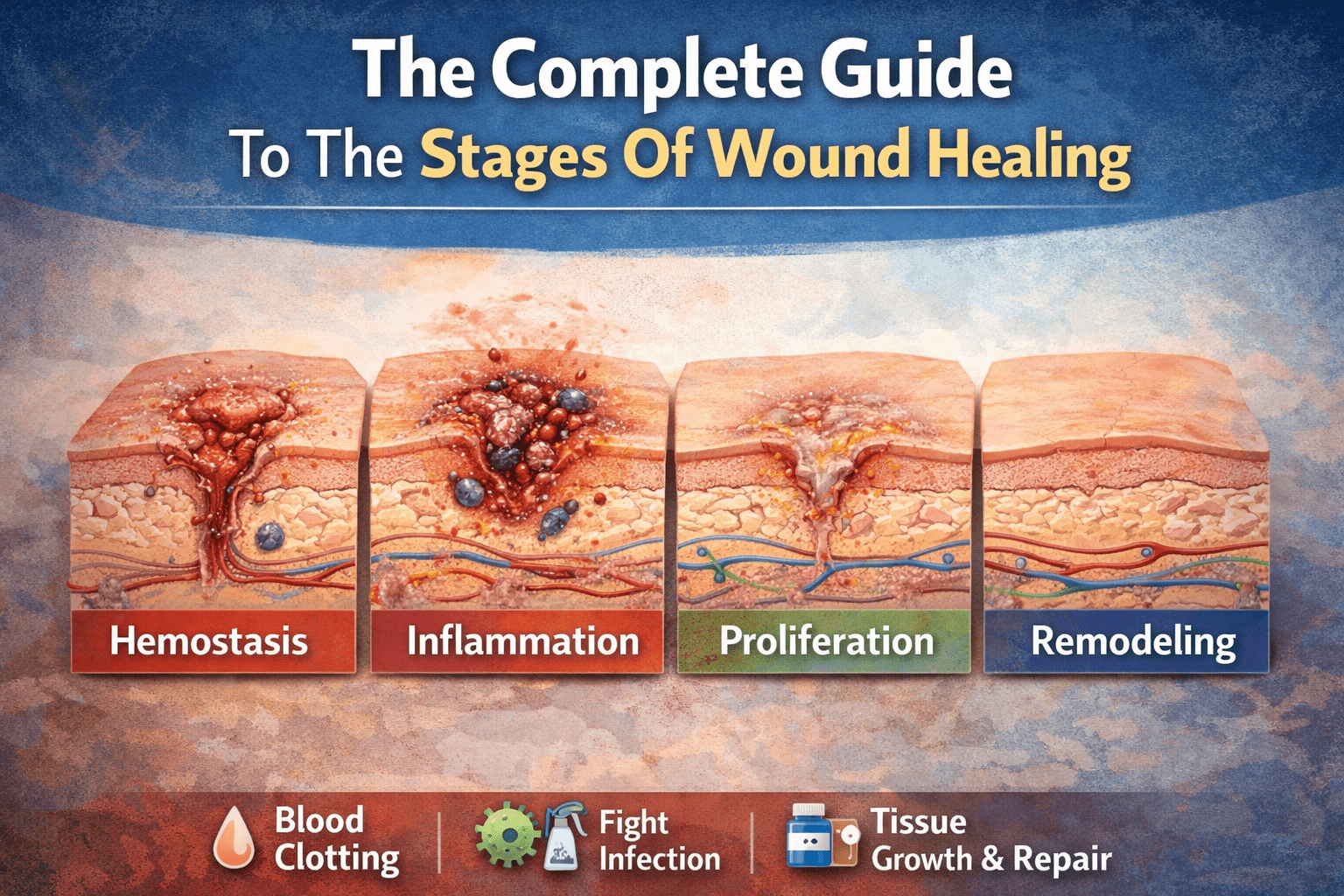 Wound Care In Ohio 17 Diagram showing the four stages of wound healing: hemostasis, inflammation, proliferation, and remodeling.