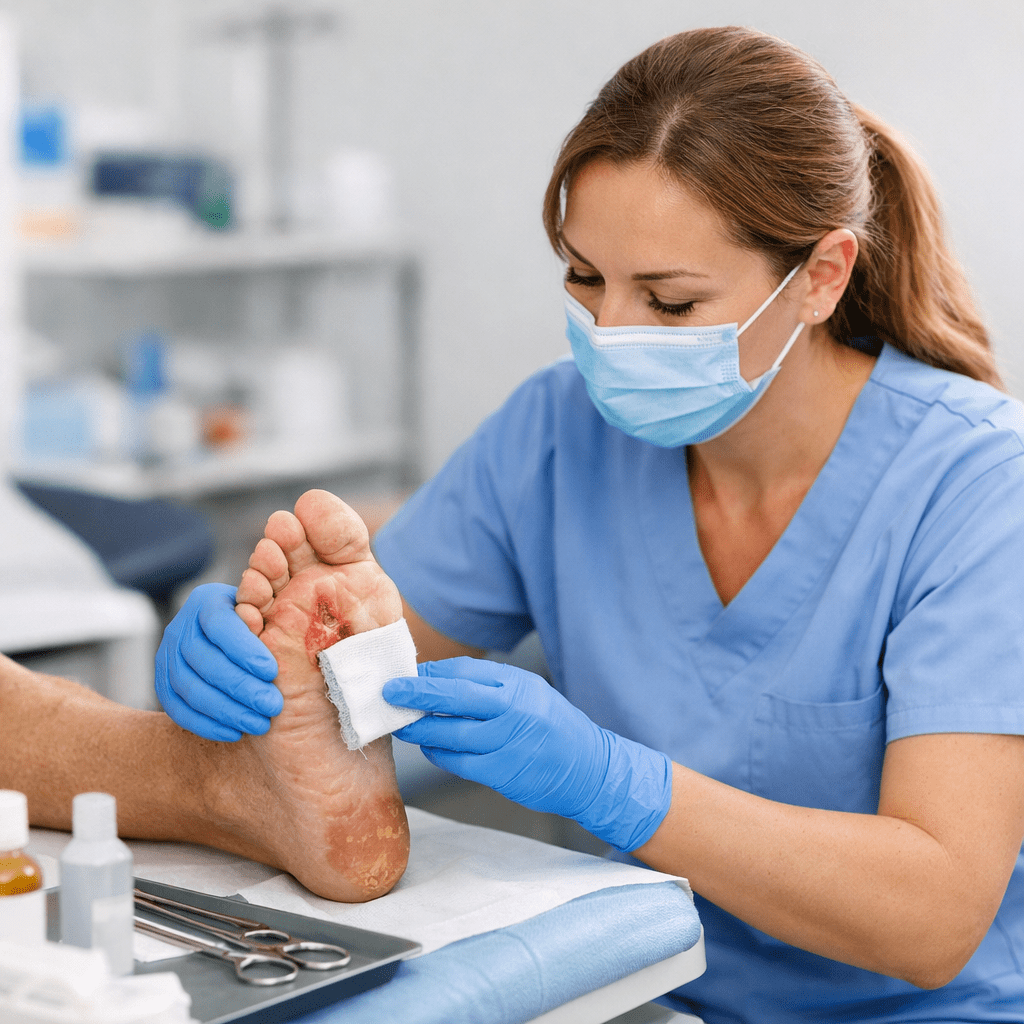 Wound Debridement specialist applying sterile dressing to a neuropathic foot ulcer in a clinical setting.